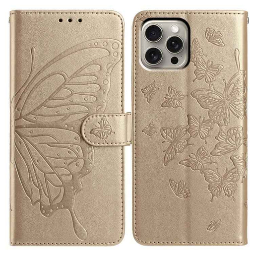 For iPhone 15 Pro Max Butterfly Flutter Pattern Embossed Leather Phone Case(Gold)