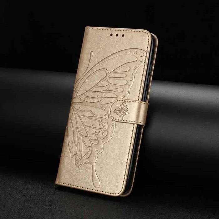 For iPhone 15 Pro Max Butterfly Flutter Pattern Embossed Leather Phone Case(Gold)