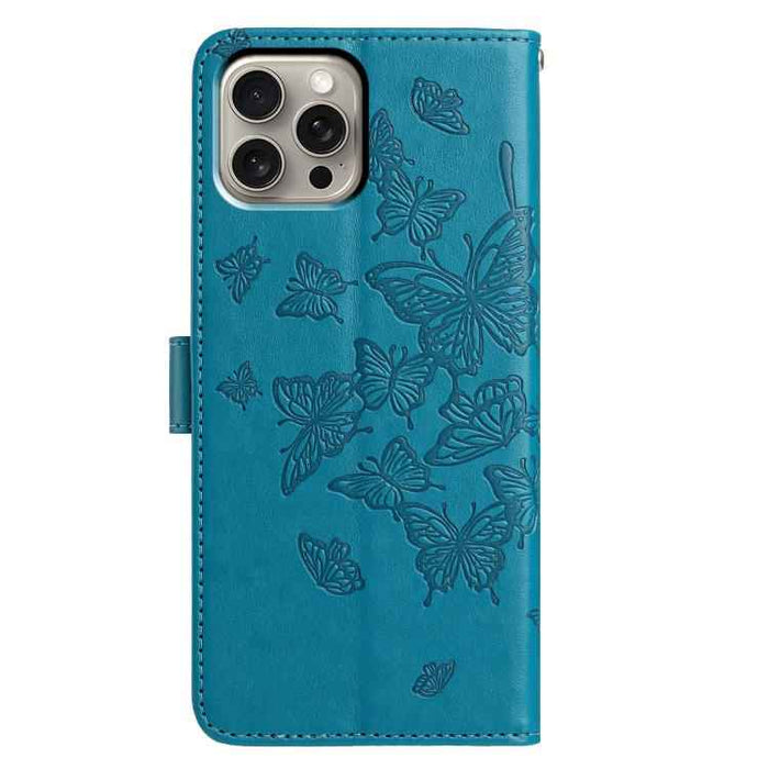 For iPhone 15 Pro Max Butterfly Flutter Pattern Embossed Leather Phone Case(Blue)