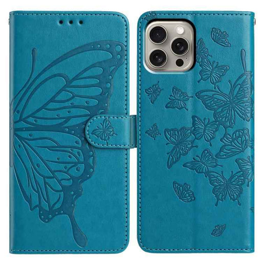 For iPhone 15 Pro Max Butterfly Flutter Pattern Embossed Leather Phone Case(Blue)