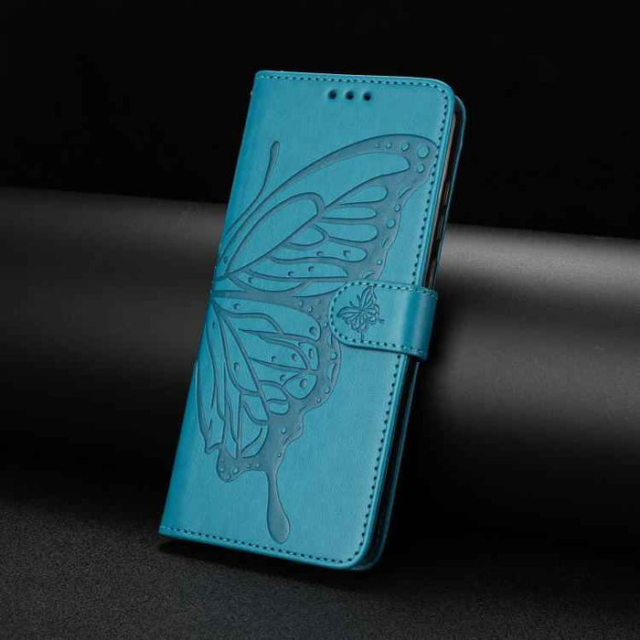 For iPhone 15 Pro Max Butterfly Flutter Pattern Embossed Leather Phone Case(Blue)