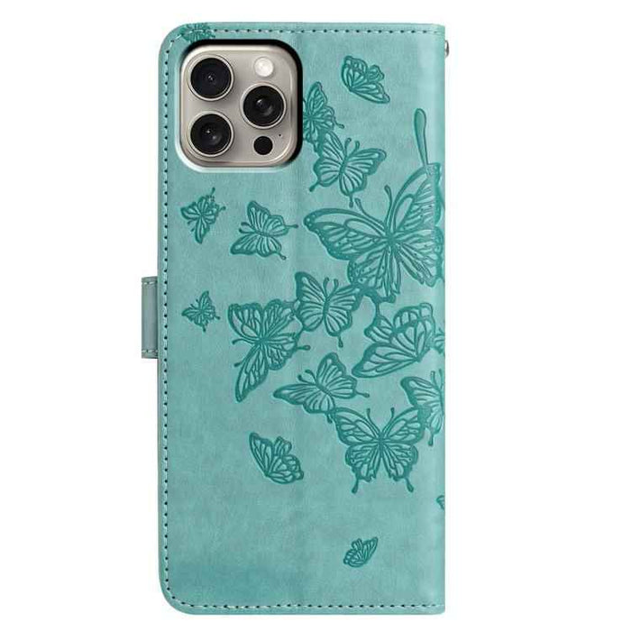 For iPhone 15 Pro Max Butterfly Flutter Pattern Embossed Leather Phone Case(Green)