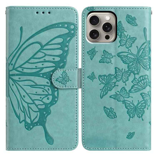 For iPhone 15 Pro Max Butterfly Flutter Pattern Embossed Leather Phone Case(Green)