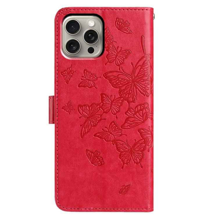 For iPhone 15 Pro Max Butterfly Flutter Pattern Embossed Leather Phone Case(Red)