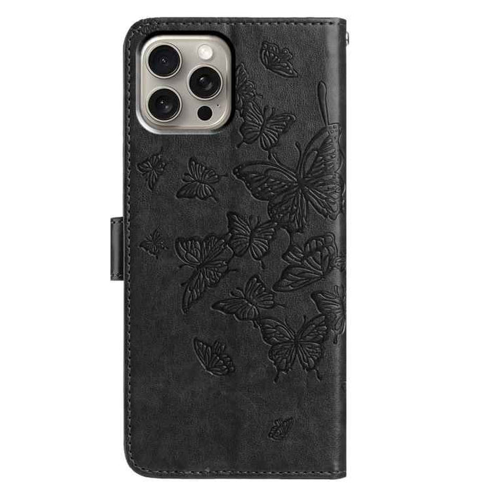For iPhone 15 Pro Max Butterfly Flutter Pattern Embossed Leather Phone Case(Black)