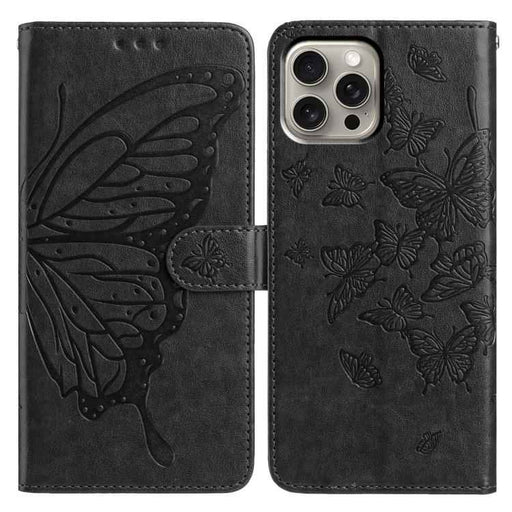 For iPhone 15 Pro Max Butterfly Flutter Pattern Embossed Leather Phone Case(Black)