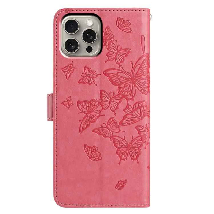 For iPhone 15 Pro Max Butterfly Flutter Pattern Embossed Leather Phone Case(Rose Red)