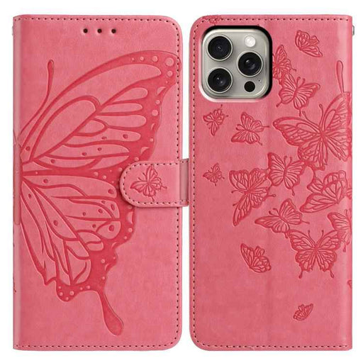 For iPhone 15 Pro Max Butterfly Flutter Pattern Embossed Leather Phone Case(Rose Red)