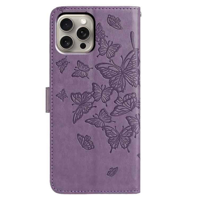 For iPhone 15 Pro Max Butterfly Flutter Pattern Embossed Leather Phone Case(Purple)