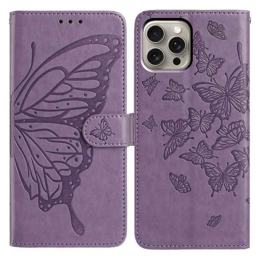 For iPhone 15 Pro Max Butterfly Flutter Pattern Embossed Leather Phone Case(Purple)