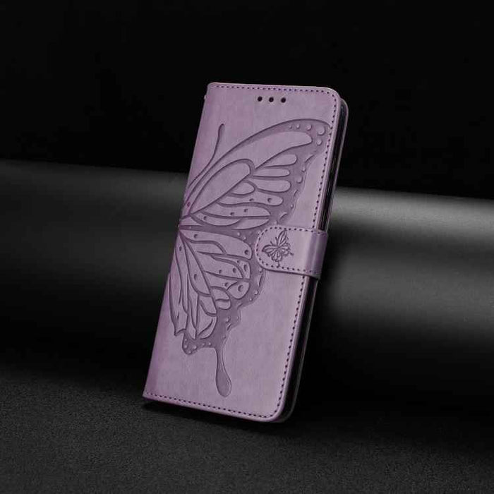 For iPhone 15 Pro Max Butterfly Flutter Pattern Embossed Leather Phone Case(Purple)