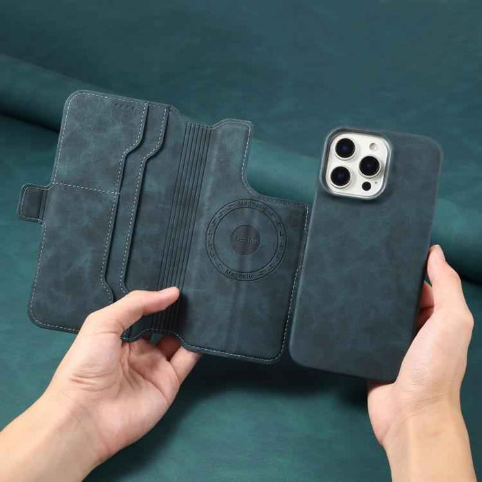 For iPhone 16e Denior B07 MagSafe Detachable Leather Phone Case(Blue)