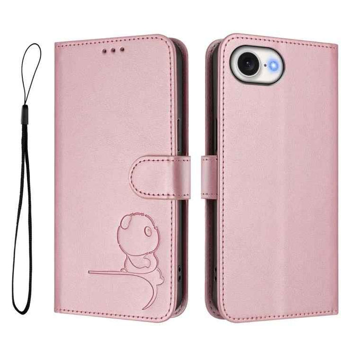 For iPhone 16e Litter Panda Embossing RFID Leather Phone Case with Lanyard(Pink)