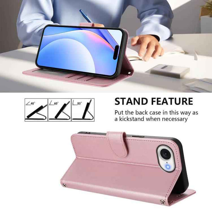 For iPhone 16e Litter Panda Embossing RFID Leather Phone Case with Lanyard(Pink)