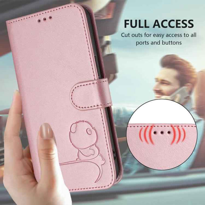 For iPhone 16e Litter Panda Embossing RFID Leather Phone Case with Lanyard(Pink)