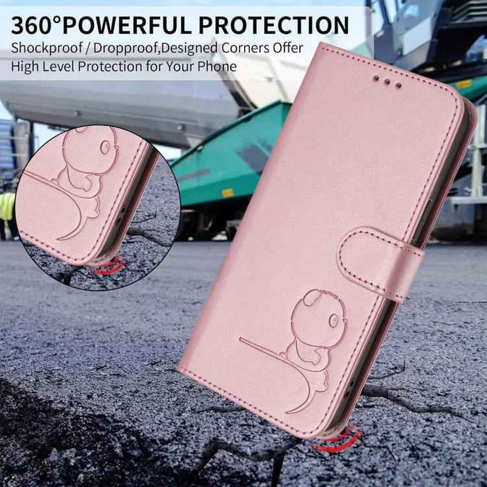 For iPhone 16e Litter Panda Embossing RFID Leather Phone Case with Lanyard(Pink)
