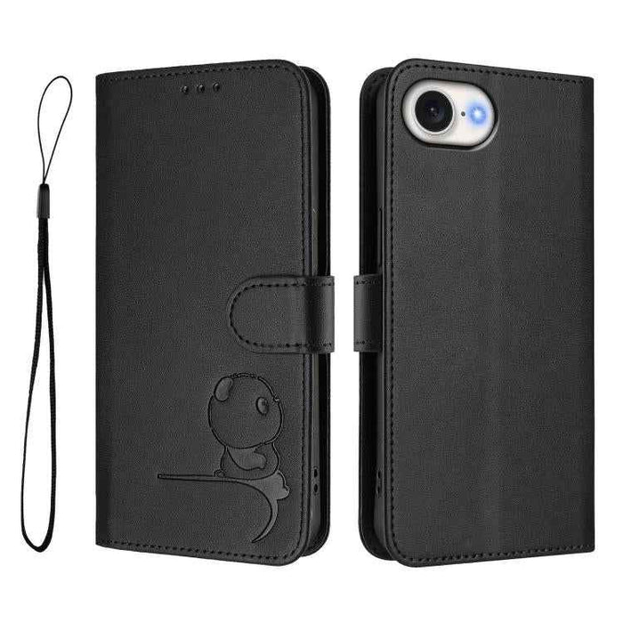 For iPhone 16e Litter Panda Embossing RFID Leather Phone Case with Lanyard(Black)