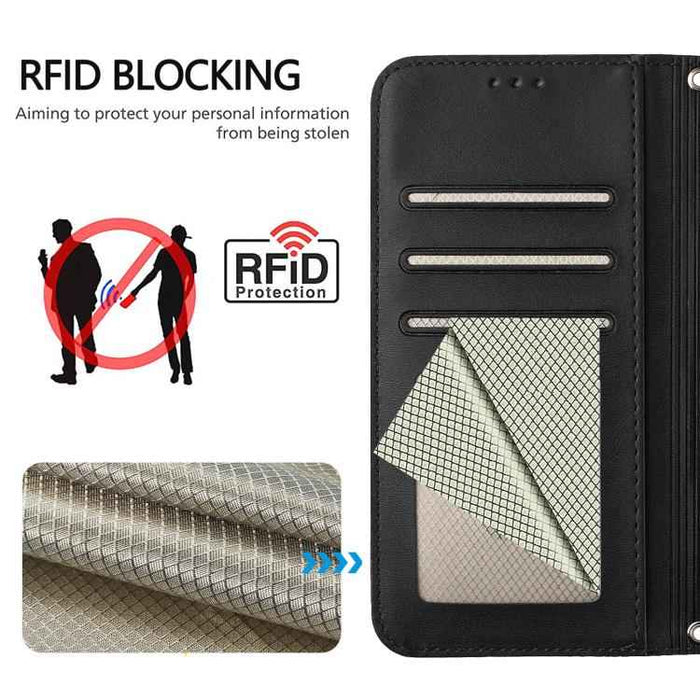 For iPhone 16e Litter Panda Embossing RFID Leather Phone Case with Lanyard(Black)