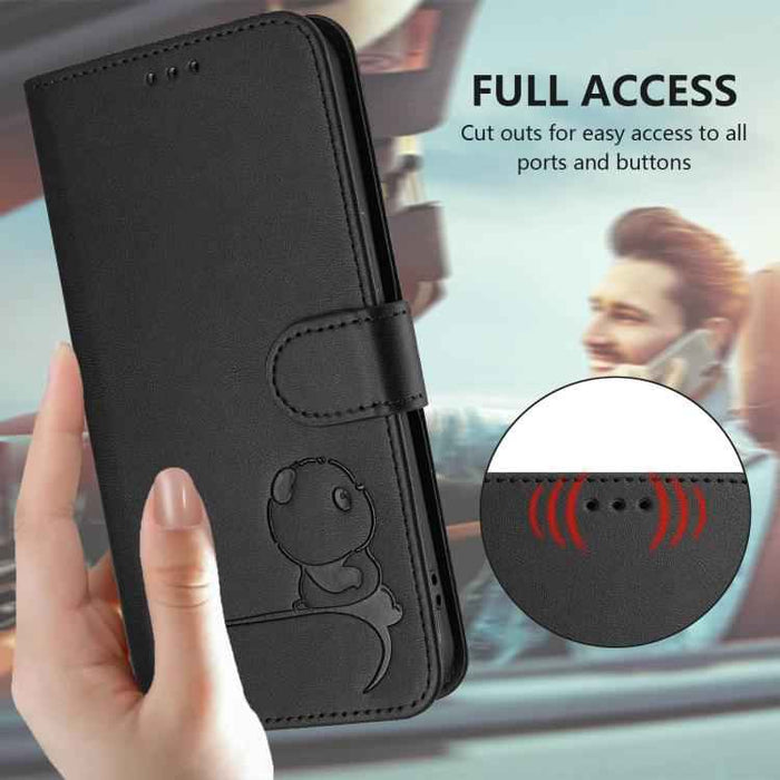 For iPhone 16e Litter Panda Embossing RFID Leather Phone Case with Lanyard(Black)