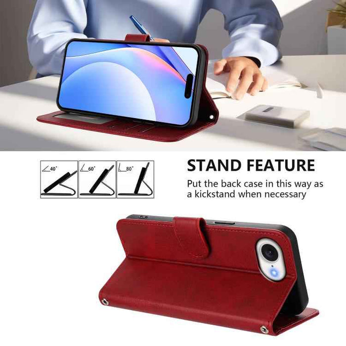 For iPhone 16e Litter Panda Embossing RFID Leather Phone Case with Lanyard(Wine Red)