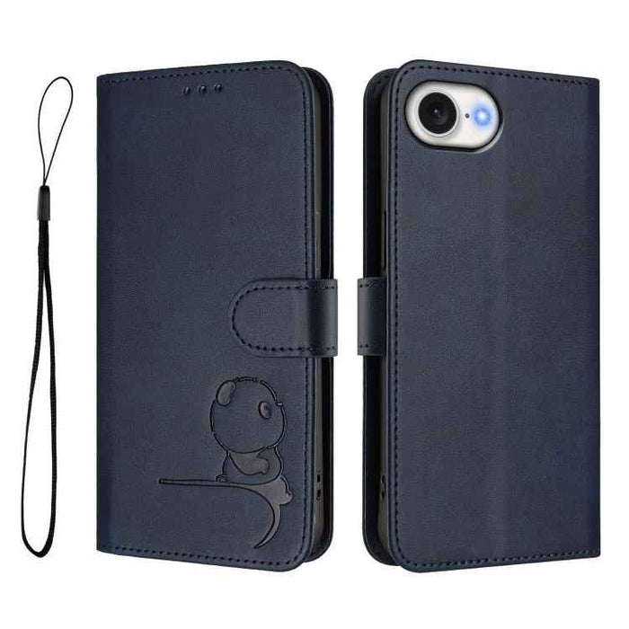 For iPhone 16e Litter Panda Embossing RFID Leather Phone Case with Lanyard(Blue)