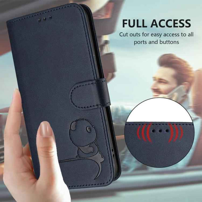 For iPhone 16e Litter Panda Embossing RFID Leather Phone Case with Lanyard(Blue)