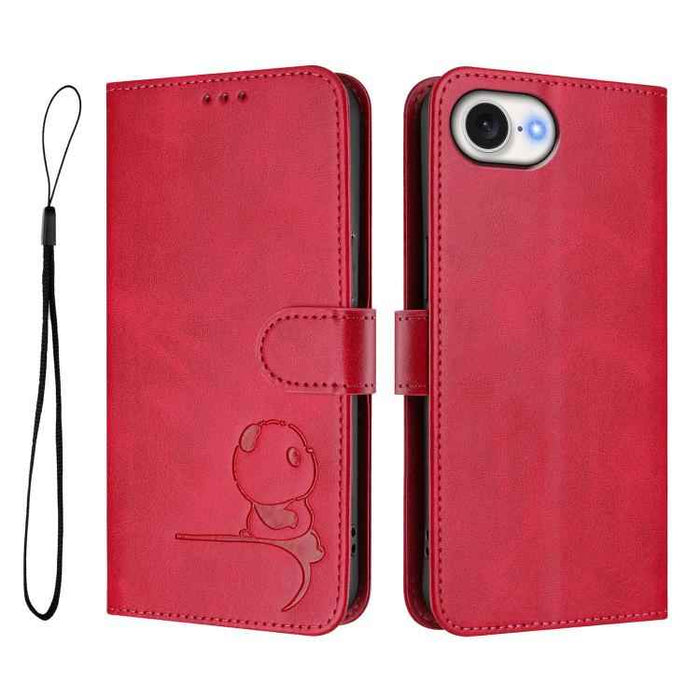 For iPhone 16e Litter Panda Embossing RFID Leather Phone Case with Lanyard(Rose Red)