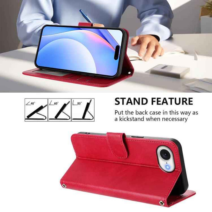 For iPhone 16e Litter Panda Embossing RFID Leather Phone Case with Lanyard(Rose Red)