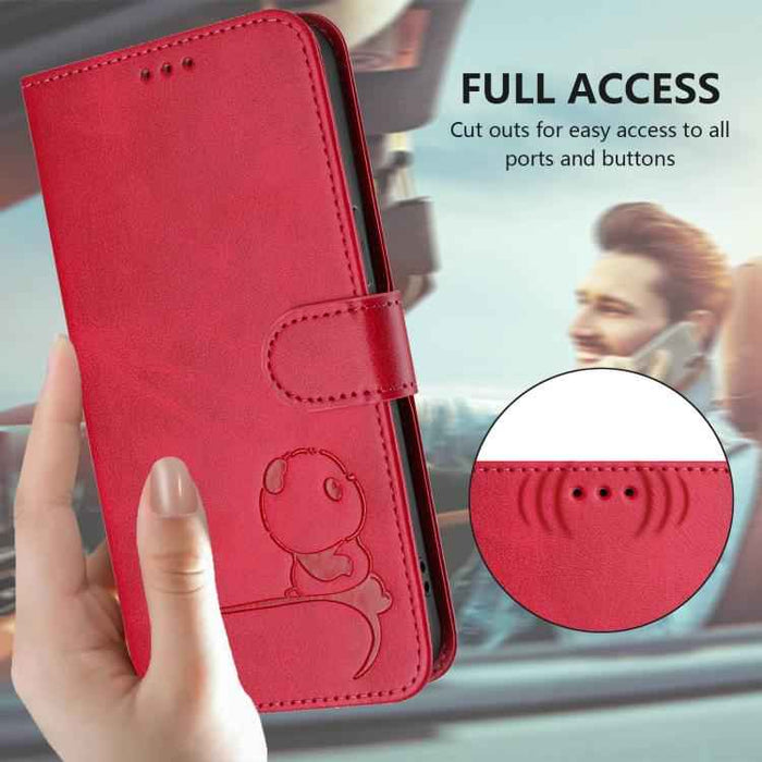 For iPhone 16e Litter Panda Embossing RFID Leather Phone Case with Lanyard(Rose Red)