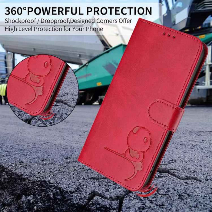 For iPhone 16e Litter Panda Embossing RFID Leather Phone Case with Lanyard(Rose Red)