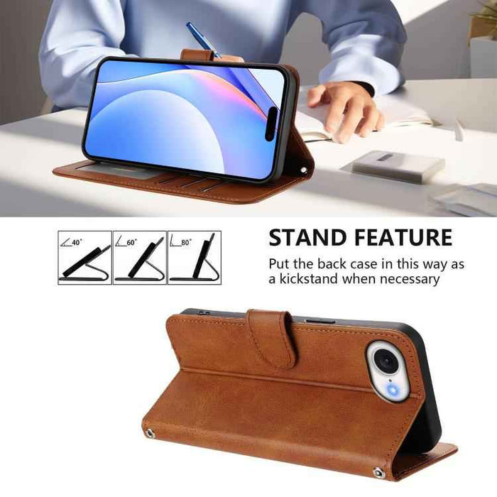 For iPhone 16e Litter Panda Embossing RFID Leather Phone Case with Lanyard(Brown)