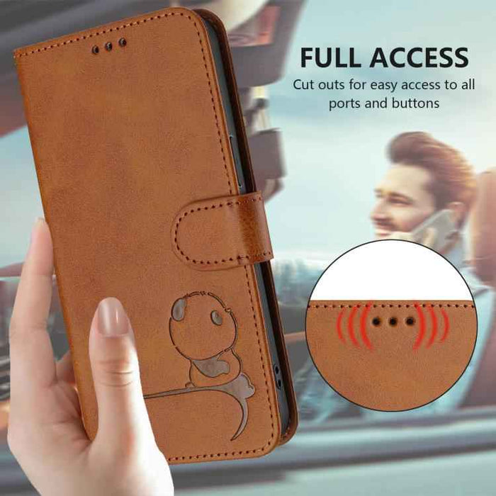 For iPhone 16e Litter Panda Embossing RFID Leather Phone Case with Lanyard(Brown)
