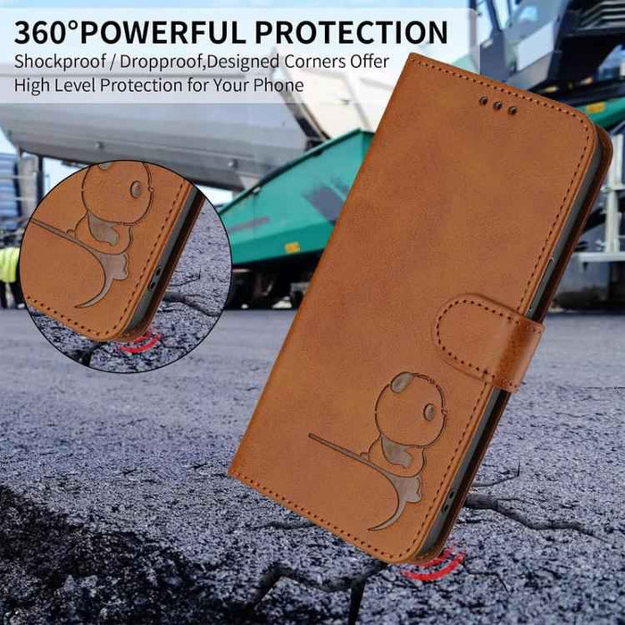 For iPhone 16e Litter Panda Embossing RFID Leather Phone Case with Lanyard(Brown)
