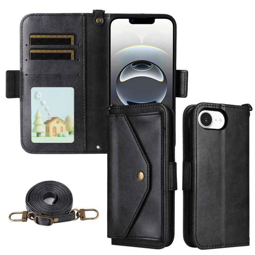 For iPhone 16e Multi-card Slots Crossbody Cowhide Leather Phone Case(Black)