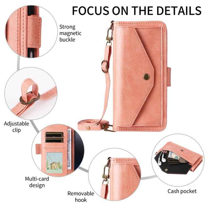 For iPhone 16e Multi-card Slots Crossbody Cowhide Leather Phone Case(Pink)