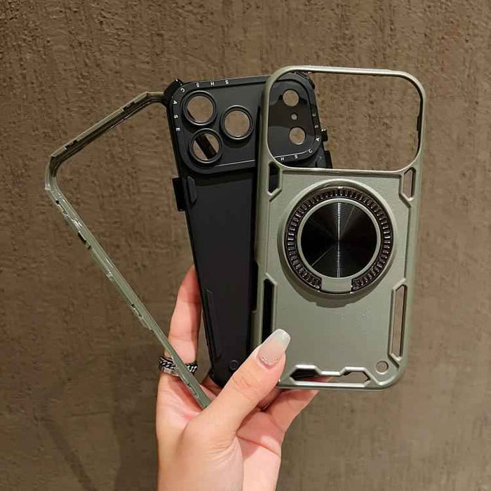 For iPhone 17 Pro Max Three-core Mecha 360 Degree Rotation Magnetic Holder Phone Case(Army Green)
