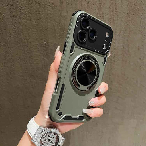 For iPhone 17 Pro Max Three-core Mecha 360 Degree Rotation Magnetic Holder Phone Case(Army Green)