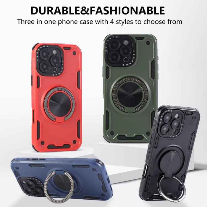 For iPhone 17 Pro Max Three-core Mecha 360 Degree Rotation Magnetic Holder Phone Case(Army Green)