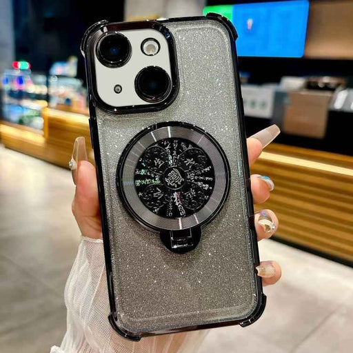 For iPhone 15 Gradient Glitter Spinning Top Holder Phone Case(Black)