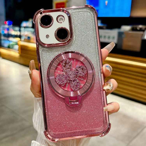 For iPhone 15 Gradient Glitter Spinning Top Holder Phone Case(Pink)