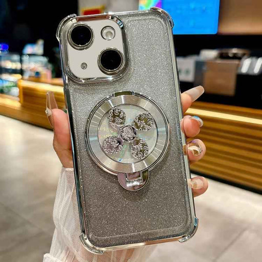 For iPhone 15 Gradient Glitter Spinning Top Holder Phone Case(Silver)