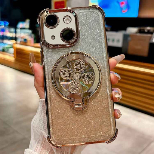 For iPhone 15 Gradient Glitter Spinning Top Holder Phone Case(Desert Gold)