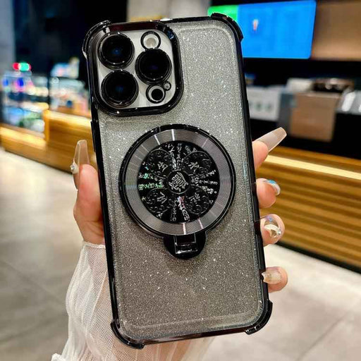 For iPhone 16 Pro Gradient Glitter Spinning Top Holder Phone Case(Black)