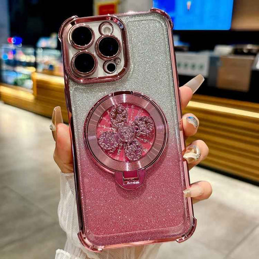 For iPhone 16 Pro Gradient Glitter Spinning Top Holder Phone Case(Pink)