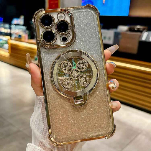 For iPhone 16 Pro Gradient Glitter Spinning Top Holder Phone Case(Gold)