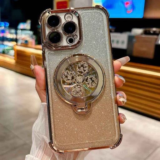 For iPhone 16 Pro Gradient Glitter Spinning Top Holder Phone Case(Desert Gold)