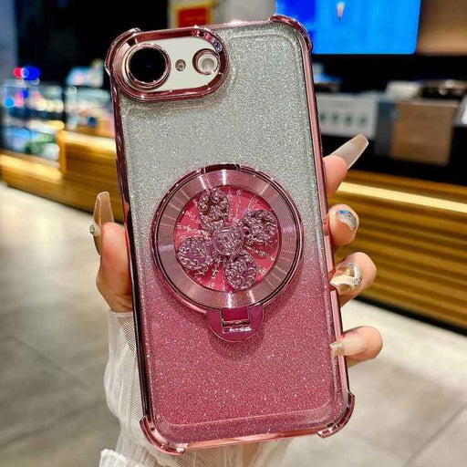 For iPhone 16e Gradient Glitter Spinning Top Holder Phone Case(Pink)