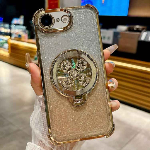 For iPhone 16e Gradient Glitter Spinning Top Holder Phone Case(Gold)