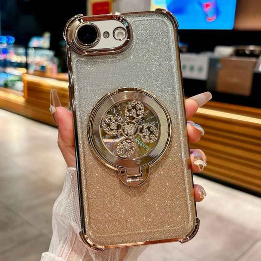 For iPhone 16e Gradient Glitter Spinning Top Holder Phone Case(Desert Gold)
