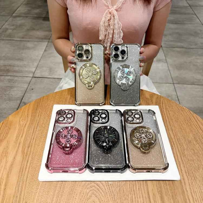 For iPhone 15 Gradient Glitter Spinning Top Holder Phone Case(Desert Gold)